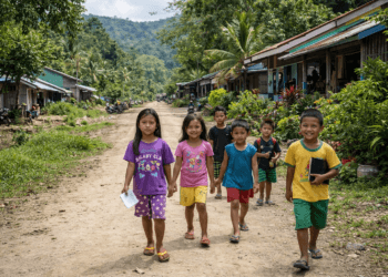 Anak-anak berjalan di jalan desa di pedalaman Mahakam Ulu.