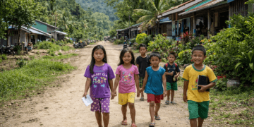 Anak-anak berjalan di jalan desa di pedalaman Mahakam Ulu.