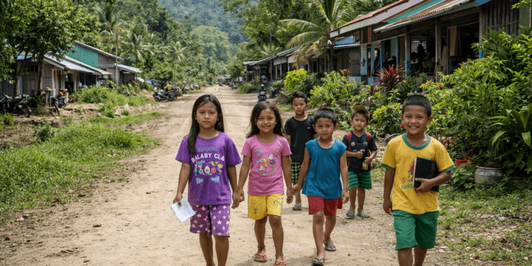 Anak-anak berjalan di jalan desa di pedalaman Mahakam Ulu.