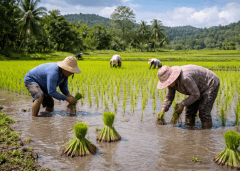 Petani menanam padi di sawah di Kabupaten Kutai Timur